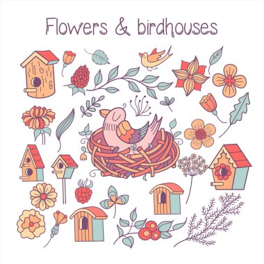 Büyük set bahar clipart. Yuvadaki yavrular baharda çiçekler, yapraklar, dallar, kuş evleri. Beyaz bir arka plan üzerinde izole.