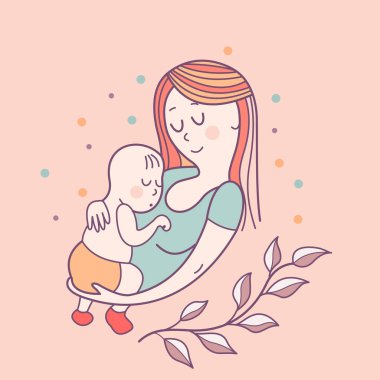 Tebrik kartı anneler günü. Güzel bir anne şirin bebek tutar. Doğrusal illüstrasyon. Vektör amblemi. Çiçek desenli.