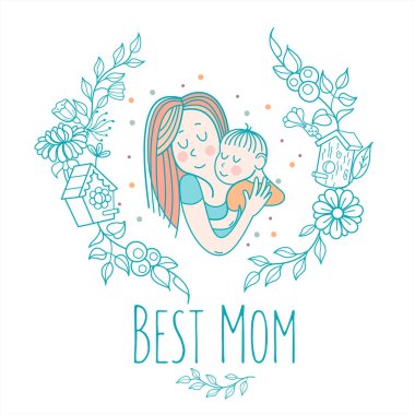 Anne ve çocuk. Doğrusal vektör çizim. Otlar ve çiçek çiçek çelenk. Logo mutlu annelik ve çocukluk. Mutlu bir aile.