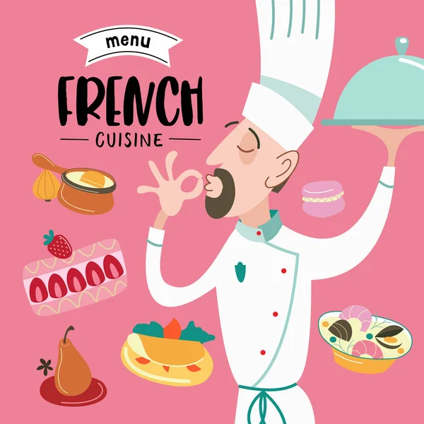 Fransız Mutfağı Aşçı Yemek Elinde Tutar Menü Şablonu Fransız Restoran — Stok Vektör