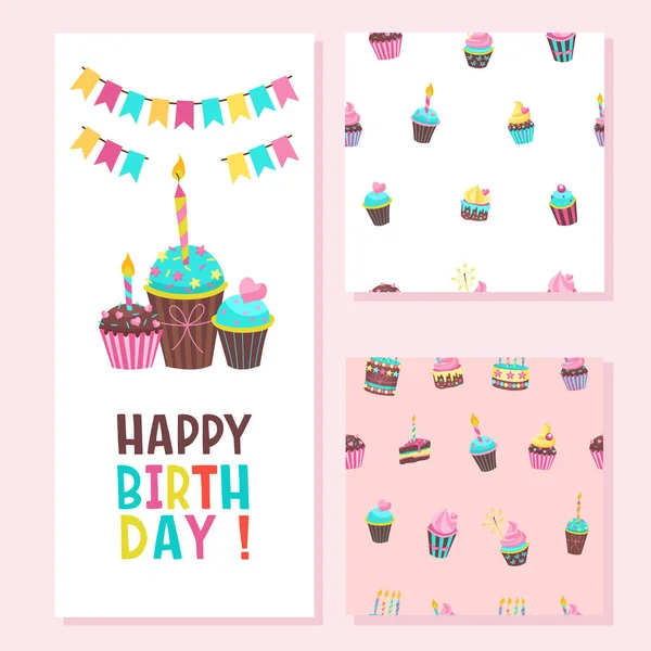 Feliz Cumpleaños Tarjeta Felicitación Dos Patrones Sin Costuras Encantadoras Tartas — Vector de stock