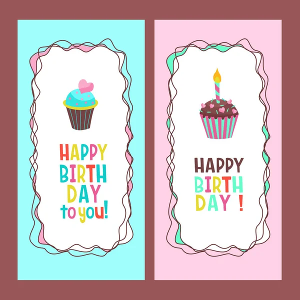 Поздравляю Днем Рождения Красивые Милые Торты Торты Свечами Ручные Рамки — стоковый вектор
