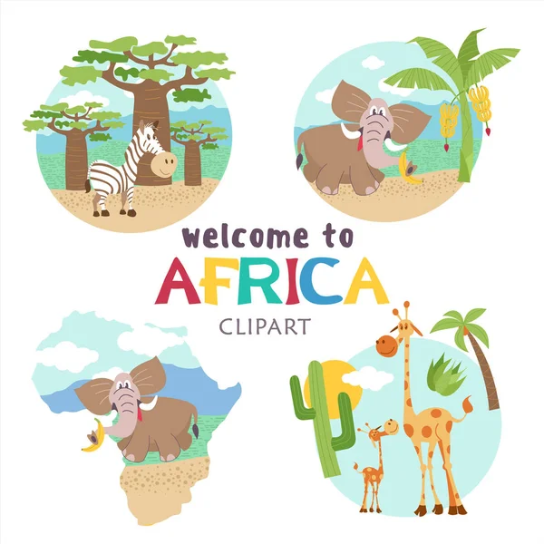 Afrika Afrikai Rajzfilmsorozatokban Állatok Gyűjteménye Aranyos Ábrák Ikonok Zsiráfok Elefántok — Stock Vector