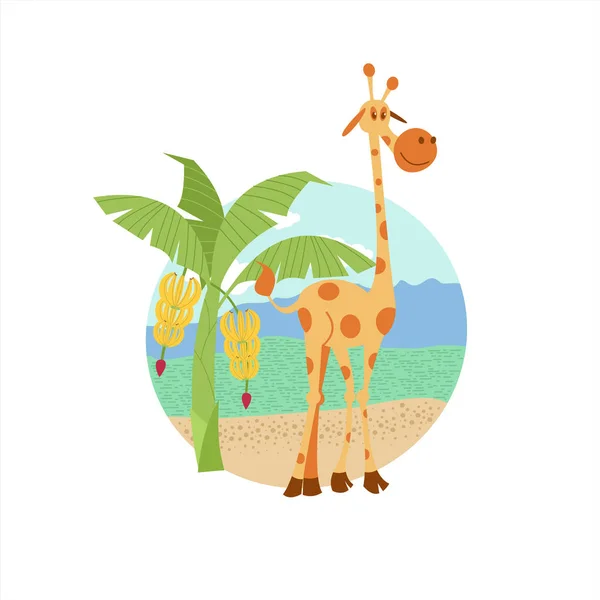 Afrikanska Giraff Nära Bananträd Vektorillustration Den Afrikanska Floran Och Faunan — Stock vektor
