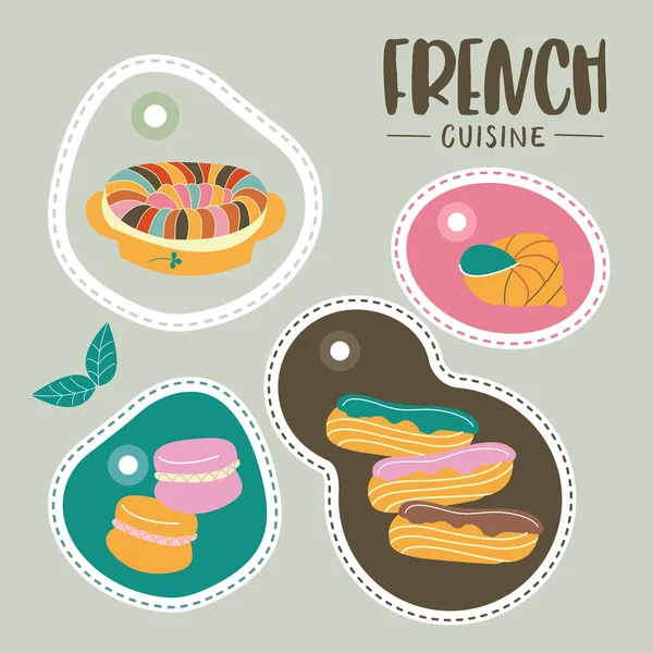 Fransız Mutfağı Fransız Yemekleri Ile Etiket Kümesi Vektör Çizim — Stok Vektör
