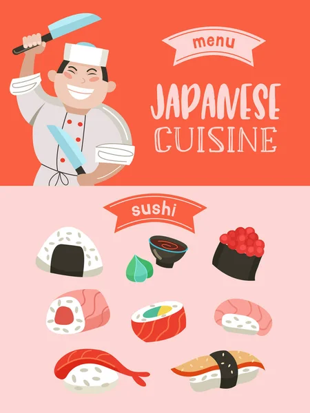 Dania Kuchni Japońskiej Zestaw Tradycyjne Potrawy Japońskie Japońskiego Szefa Kuchni — Wektor stockowy