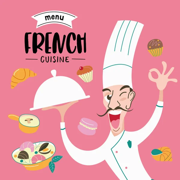 Fransız Mutfağı Aşçı Yemek Elinde Tutar Menü Şablonu Fransız Restoran — Stok Vektör