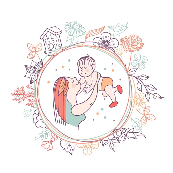 Greeting Card Mother Day Pretty Mother Holds Cute Baby Linear — Stock Vector