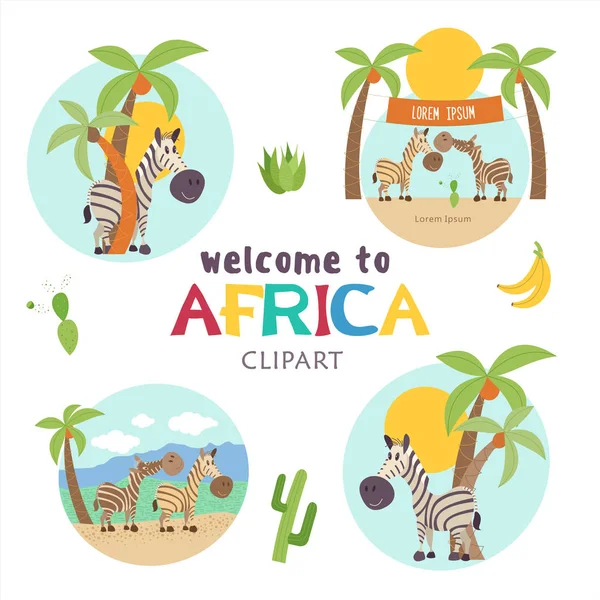 非洲卡通动物 一套可爱的插图 棕榈树之间的斑马不错 欢迎来到非洲 矢量插图 — 图库矢量图片