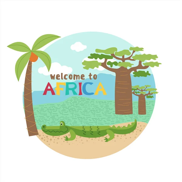 Afrikai Krokodil Kókuszfa Baobab Közelében Vektoros Illusztráció Afrikai Növény Állatvilág — Stock Vector