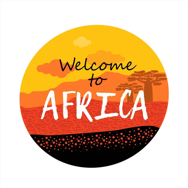 Üdvözöljük Afrikában Kerek Embléma Ikont Naplementét Afrikai Sivatagban Vektoros Illusztráció — Stock Vector