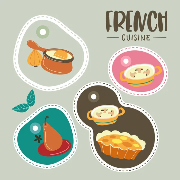 Cocina Francesa Set Etiquetas Con Platos Franceses Ilustración Vectorial — Vector de stock