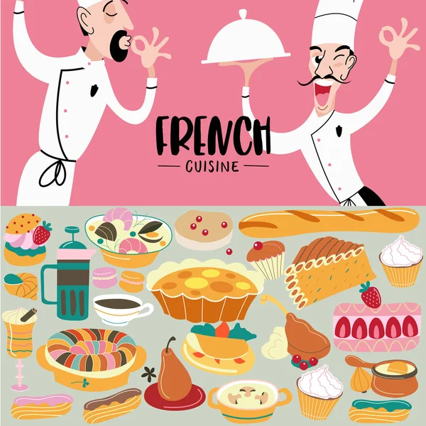 Francouzská Kuchyně Kuchař Jídlo Ruce Nabídka Šablona Francouzská Restaurace Kavárna — Stockový vektor