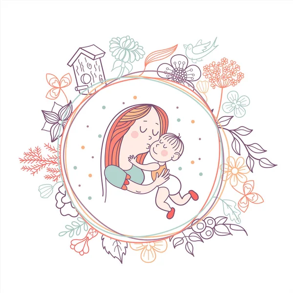 グリーティング カード母の日 かなり母は かわいい赤ちゃんを保持しています 線形の図です ベクトル紋章 花のパターン — ストックベクタ