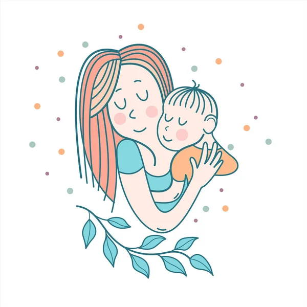グリーティング カード母の日 かなり母は かわいい赤ちゃんを保持しています 線形の図です ベクトル紋章 花のパターン — ストックベクタ