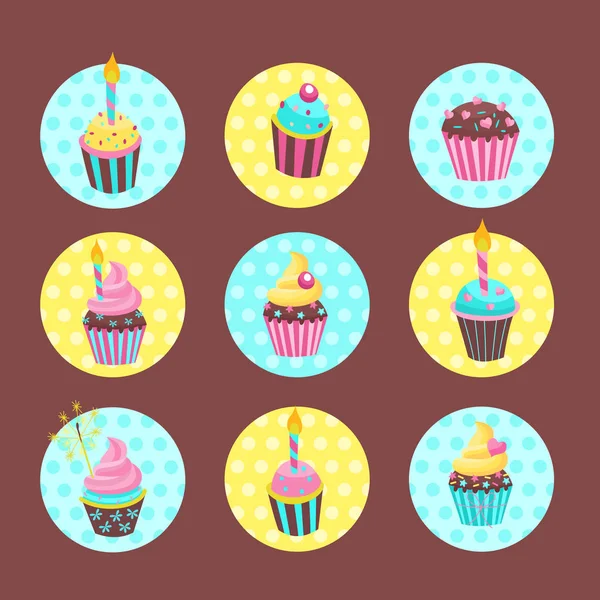 Gyűjteménye Vektor Matricák Címkék Szép Születésnapi Torták Gyertyákat Cupcakes — Stock Vector