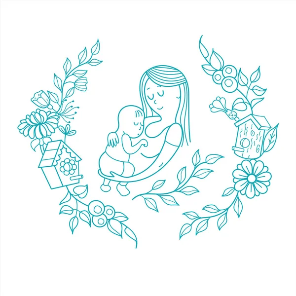 Mãe Filho Ilustração Vetorial Linear Grinalda Floral Ervas Flores Logotipo — Vetor de Stock