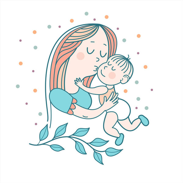 Greeting card mother's day. A pretty mother holds cute baby. Linear illustration. Vector emblem. The floral pattern.