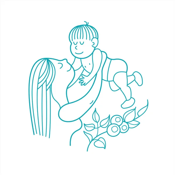 Madre Suo Figlio Illustrazione Vettoriale Lineare Logo Una Maternità Infanzia — Vettoriale Stock