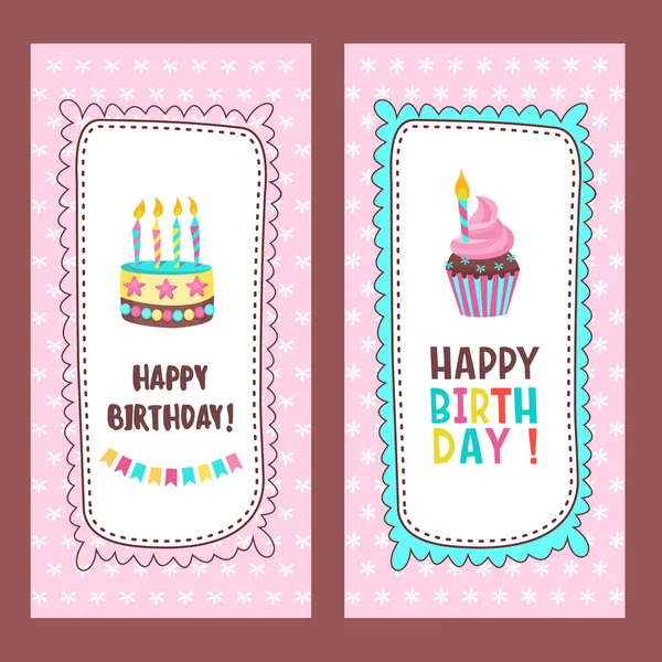 Congratulazioni Tuo Compleanno Belle Torte Carine Torte Lume Candela Cornici — Vettoriale Stock