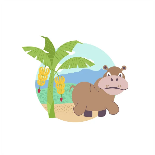 African Hippo Perto Bananeiras Ilustração Vetorial Flora Fauna Africana Isolado — Vetor de Stock