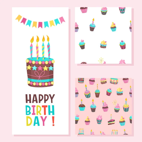 Feliz Cumpleaños Tarjeta Felicitación Dos Patrones Sin Costuras Encantadoras Tartas — Vector de stock