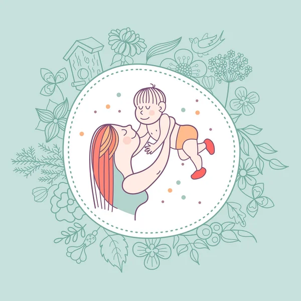 Tarjeta Felicitación Día Madre Una Madre Bonita Tiene Bebé Lindo — Vector de stock