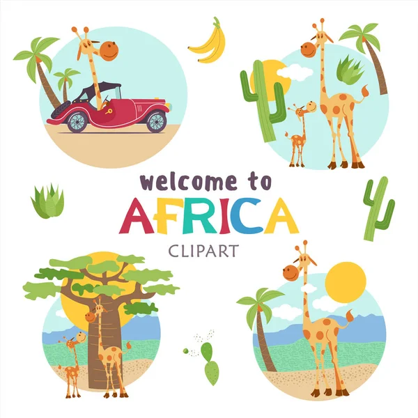 Afrika Afrikai Rajzfilmsorozatokban Állatok Gyűjteménye Aranyos Ábrák Ikonok Zsiráfok Afrikai — Stock Vector