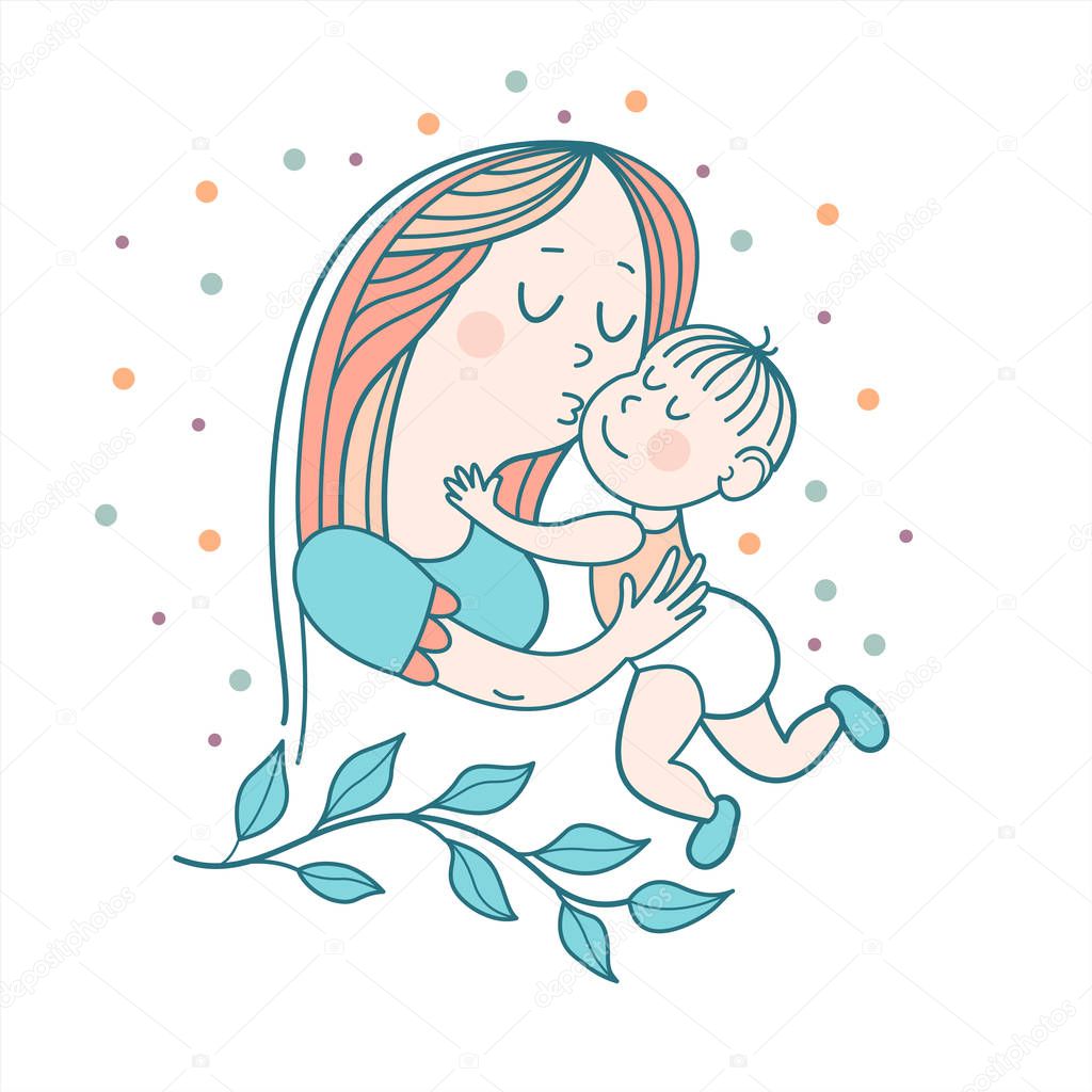 Greeting card mother's day. A pretty mother holds cute baby. Linear illustration. Vector emblem. The floral pattern.