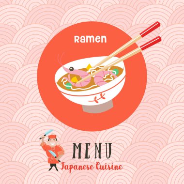Japon mutfağı. Geleneksel Japon yemekleri kümesi. Japon Şef büyük mutfak bıçağıyla. Vektör çizim karikatür tarzı. Japon mutfağı Cafe renkli menü şablonu.