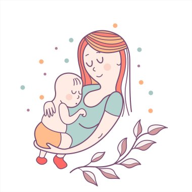 Tebrik kartı anneler günü. Güzel bir anne şirin bebek tutar. Doğrusal illüstrasyon. Vektör amblemi. Çiçek desenli.