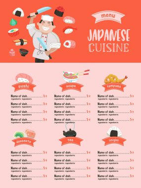 Japon mutfağı. Geleneksel Japon yemekleri kümesi. Japon Şef büyük mutfak bıçağıyla. Vektör çizim karikatür tarzı. Japon mutfağı Cafe renkli menü şablonu.