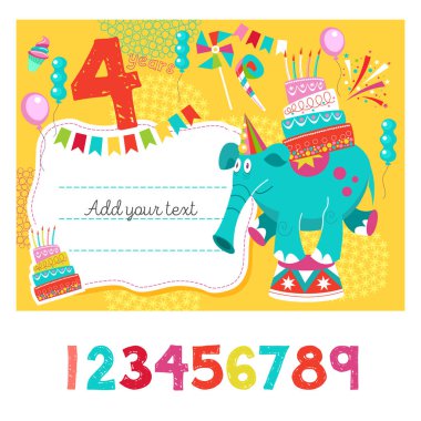 Metin için yer ile tebrik kartı. Doğum gününün şerefine bir partisine davet. Sirk gösterisi, mutlu tatil.