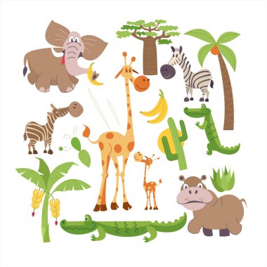 Afrika. Afrika karikatür hayvanlar. Şirin clipart flora ve fauna Afrika'nın bir dizi. Zürafa, fil, palmiye, su aygırı, timsah, muz, kaktüs, baobab.
