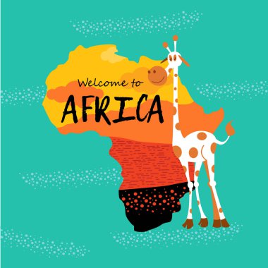 Afrika çölde siluet gün batımı ile. Afrika'ya hoş geldiniz. Sevimli çizgi film zürafayı. Vektör çizim. 