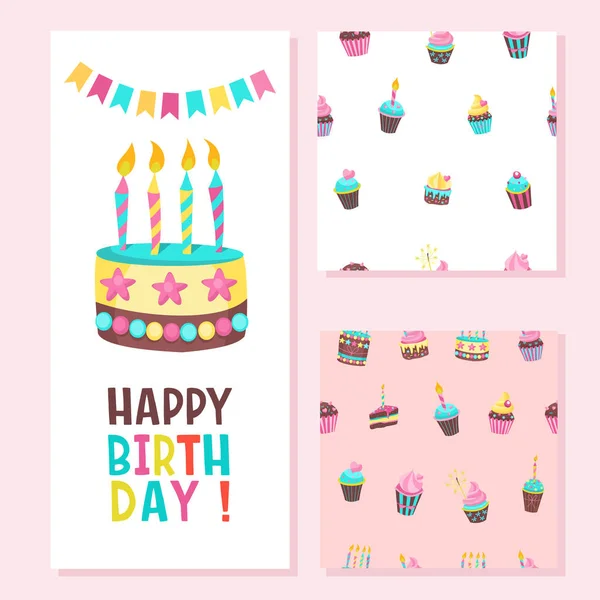 Feliz Cumpleaños Tarjeta Felicitación Dos Patrones Sin Costuras Encantadoras Tartas — Vector de stock