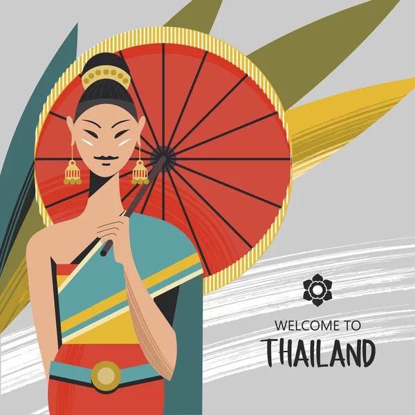 Una Hermosa Chica Tailandesa Con Paraguas Rojo Chica Lleva Traje — Archivo Imágenes Vectoriales