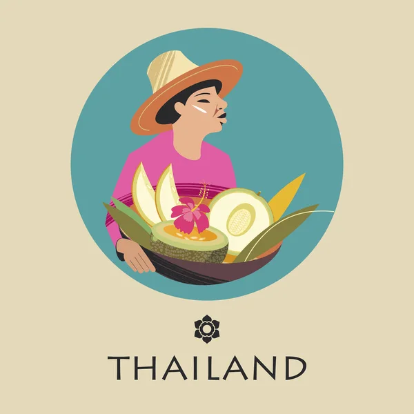 Thai Woman Hat Sells Melons Large Basket Fruit Vector Illustration — Free Stock Photo