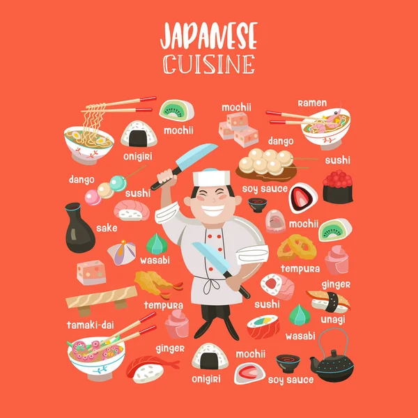 Cocina Japonesa Conjunto Platos Tradicionales Japoneses Chef Japonés Con Gran — Vector de stock