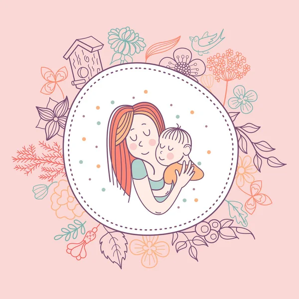 Dia Mãe Cartão Saudação Uma Mãe Bonita Tem Bebé Giro — Vetor de Stock