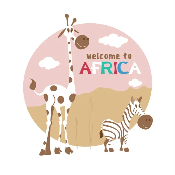 Afrika Afrikanska Tecknade Djur Söt Giraff Och Zebra Välkommen Till — Stock vektor