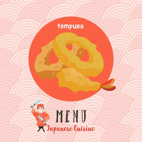 日本料理 一套传统的日本料理 日本厨师与一个大菜刀 在动画片样式的向量例证 五颜六色的日本料理咖啡厅菜单模板 — 图库矢量图片