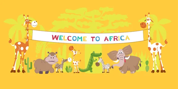 沙漠中的非洲动物 长颈鹿拿着一面写着欢迎来到非洲的横幅 横幅下面是大象 矢量说明 — 图库矢量图片