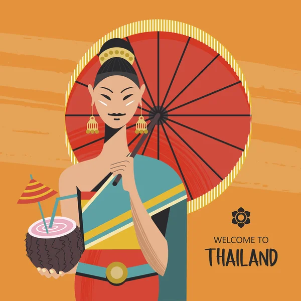 Uma Linda Tailandesa Com Guarda Chuva Vermelho Segura Coquetel Coco — Fotos gratuitas