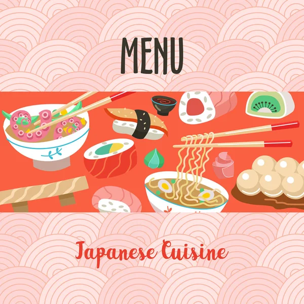 Japanese Cuisine Set Traditional Japanese Dishes Vector Illustration Cartoon Style — Stock Vector