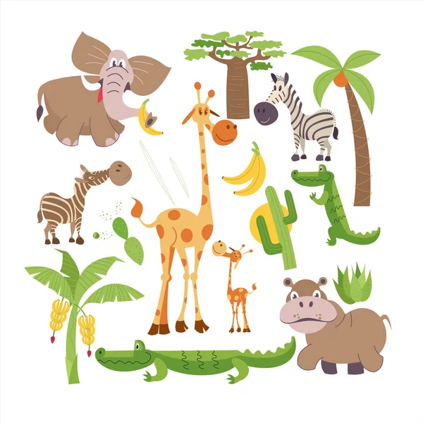 Africa Animale Desene Animate Africane Set Flora Clipart Drăguț Fauna — Vector de stoc