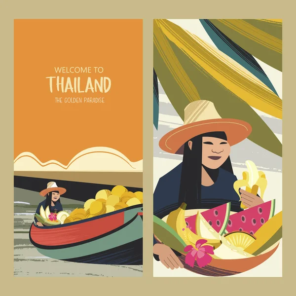 Thai Fruit Traders Boat Fruit Market Thailand Thai Woman Hat — Stock Vector