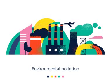 Atmosfer ve suya zararlı emisyonlarla çevrenin kirliliği. Fabrikalar, Sigara bacaları, zararlı atıkların nehre tahliyesi olabilir. Metin alanı ile dokular ile vektör renkli illüstrasyon.