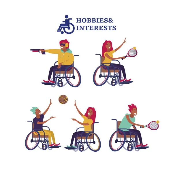 Hobiler ve Engelli insanların çıkarları. Vektör Illustration. Tenis, voleybol, spor çekim oynarken Engelli insanlar.
