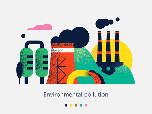 Загрязнение окружающей среды вредными выбросами в атмосферу и воду. Заводы, дымовые трубы, сброс вредных отходов в реку могут. Векторная красочная иллюстрация с текстурами и пространством для текста
.